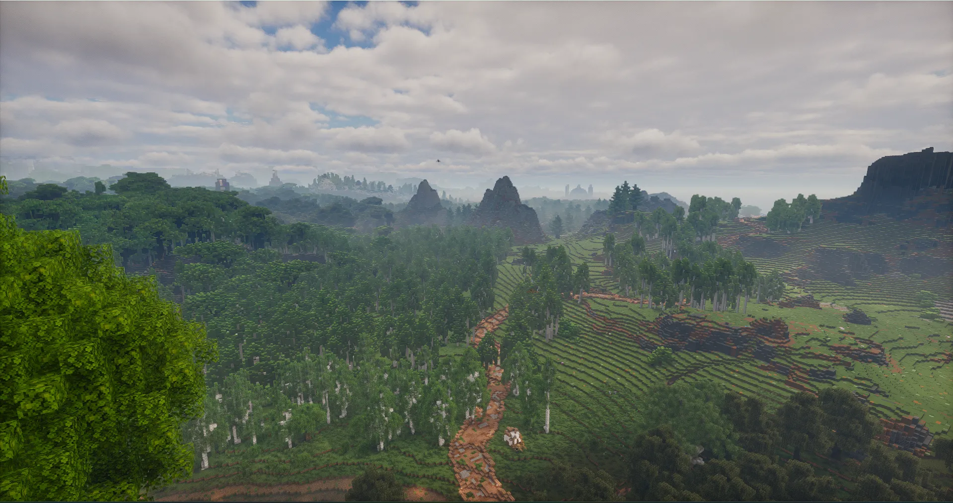 Vaste panorama de forets et de pics lointains noyes dans la brume