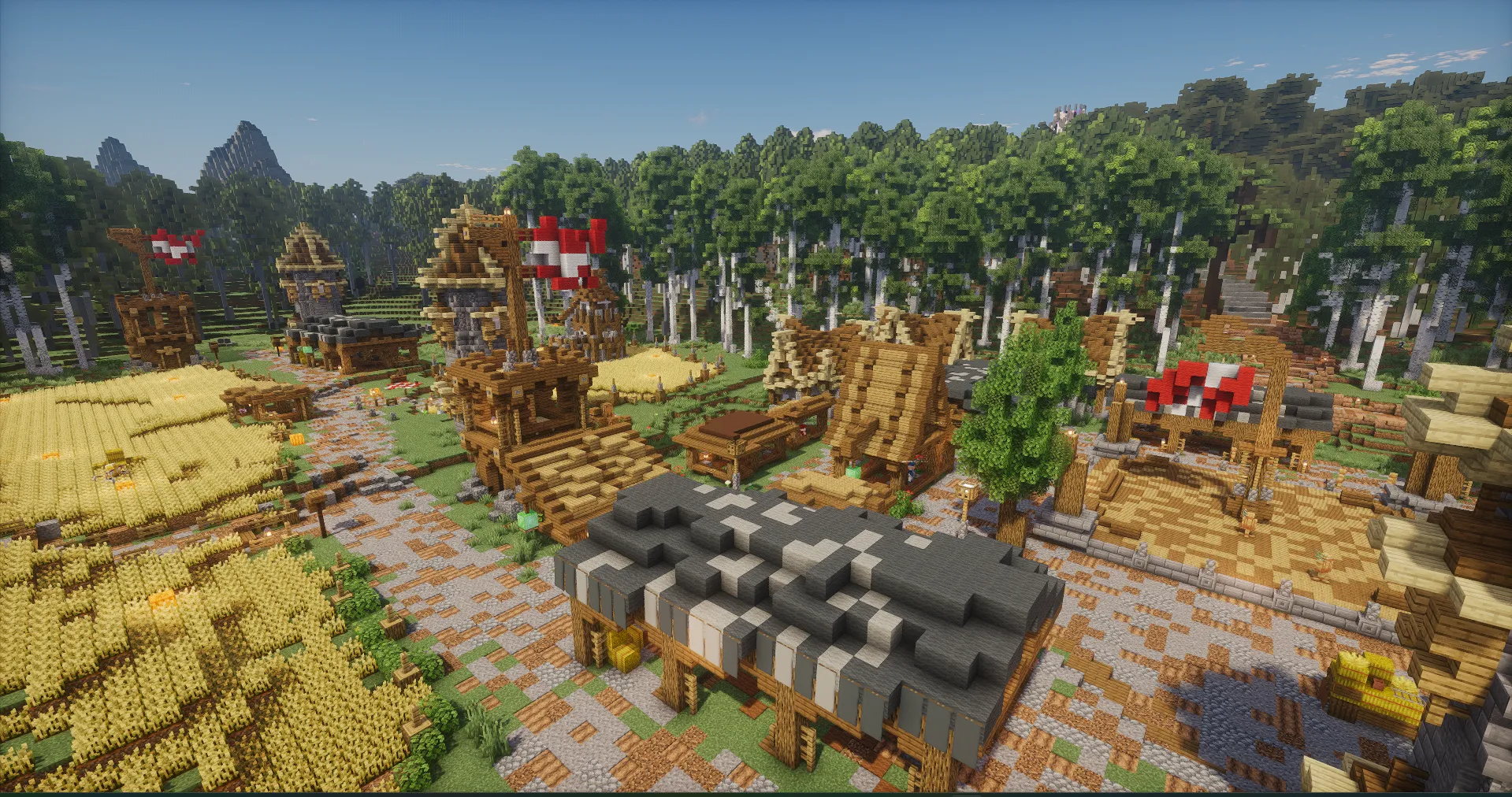 Un village de bois et de chaume au bord de la forêt